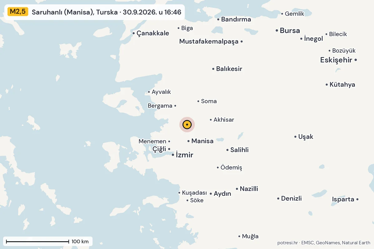 Karta: šire područje, 600 km, potres M2,5, Saruhanlı (Manisa), Turska, 30.9.2026.