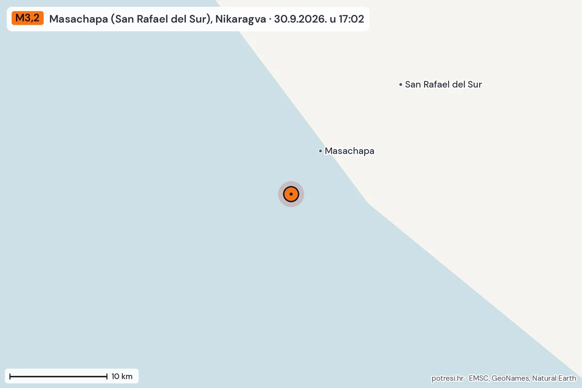 Karta: okolica epicentra, 60 km, potres M3,2, Masachapa (San Rafael del Sur), Nikaragva, 30.9.2026.