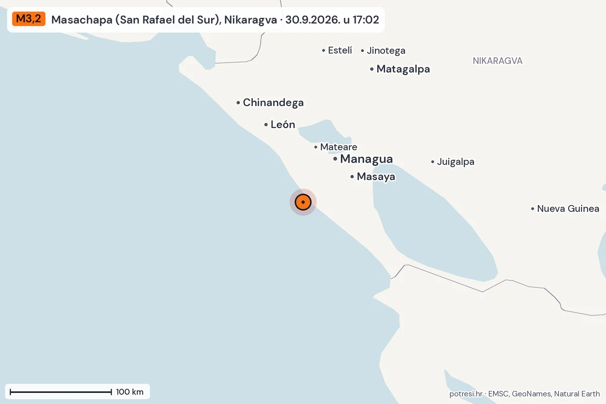 Karta: šire područje, 600 km, potres M3,2, Masachapa (San Rafael del Sur), Nikaragva, 30.9.2026.
