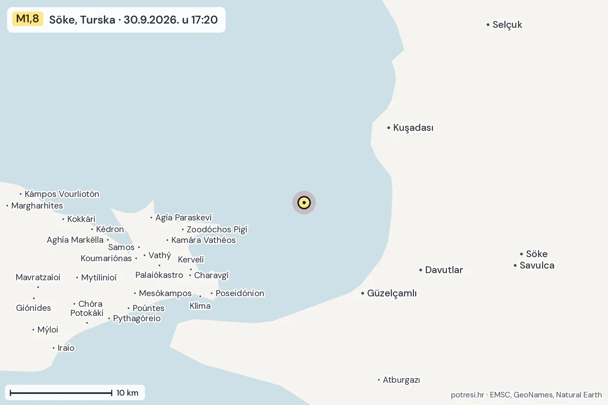 Karta: okolica epicentra, 60 km, potres M1,8, Söke, Turska, 30.9.2026.