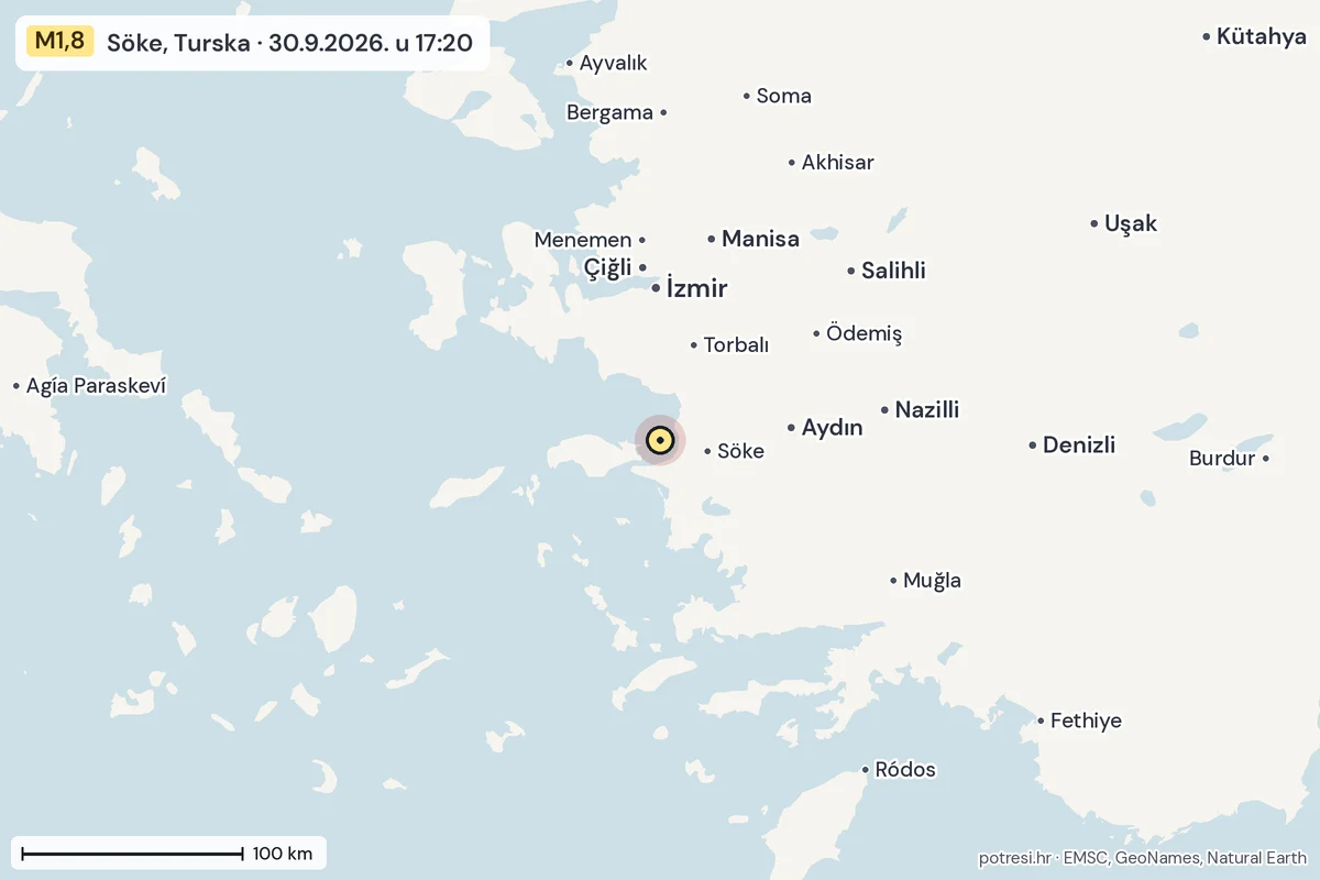 Karta: šire područje, 600 km, potres M1,8, Söke, Turska, 30.9.2026.