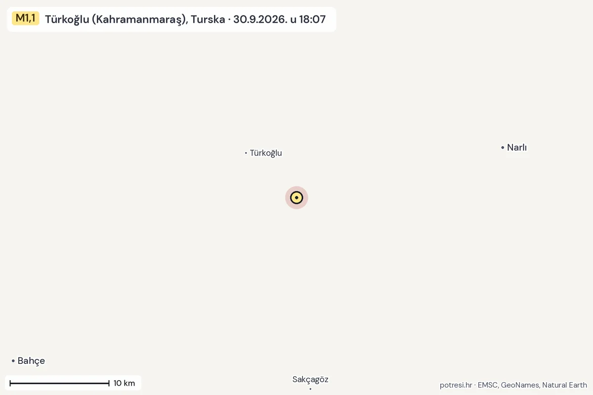 Karta: okolica epicentra, 60 km, potres M1,1, Türkoğlu (Kahramanmaraş), Turska, 30.9.2026.