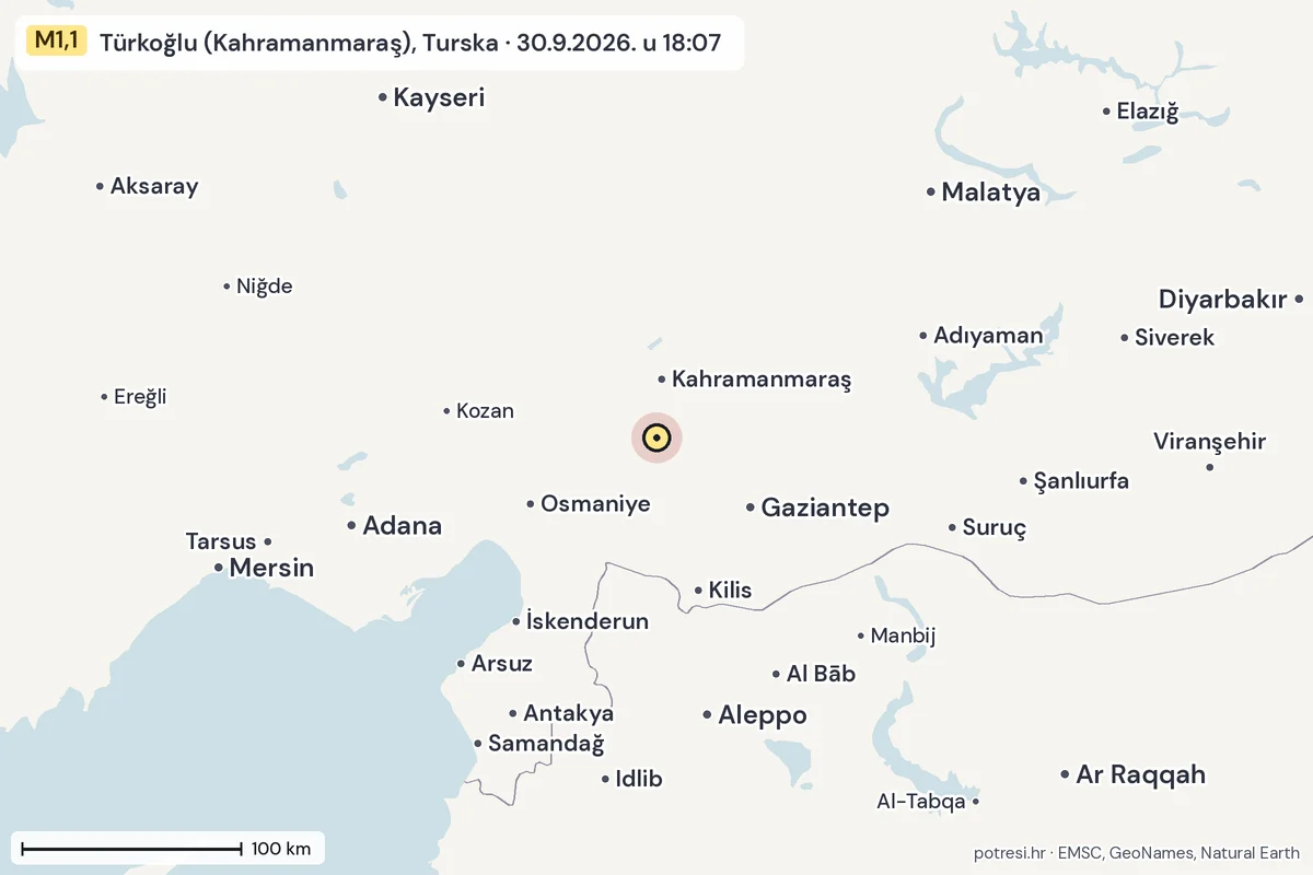 Karta: šire područje, 600 km, potres M1,1, Türkoğlu (Kahramanmaraş), Turska, 30.9.2026.