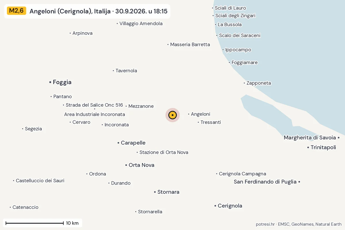Karta: okolica epicentra, 60 km, potres M2,6, Angeloni (Cerignola), Italija, 30.9.2026.