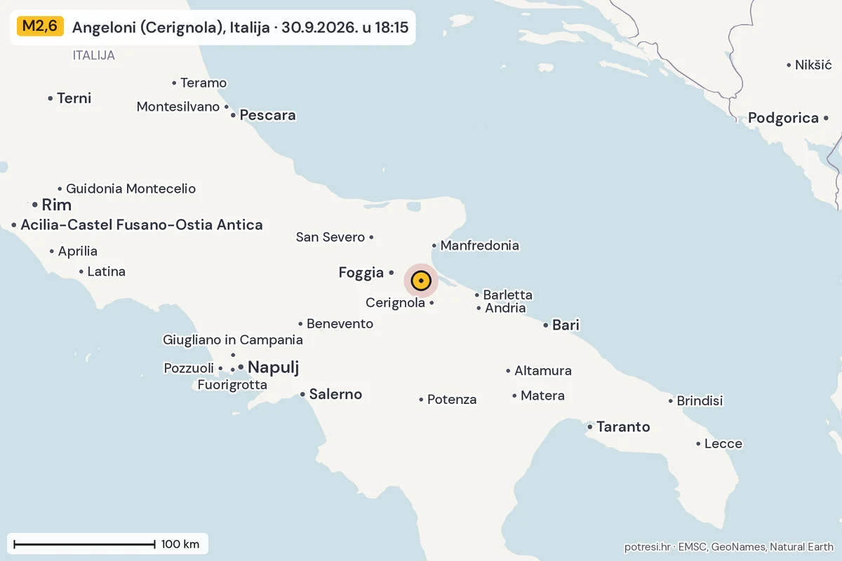Karta: šire područje, 600 km, potres M2,6, Angeloni (Cerignola), Italija, 30.9.2026.