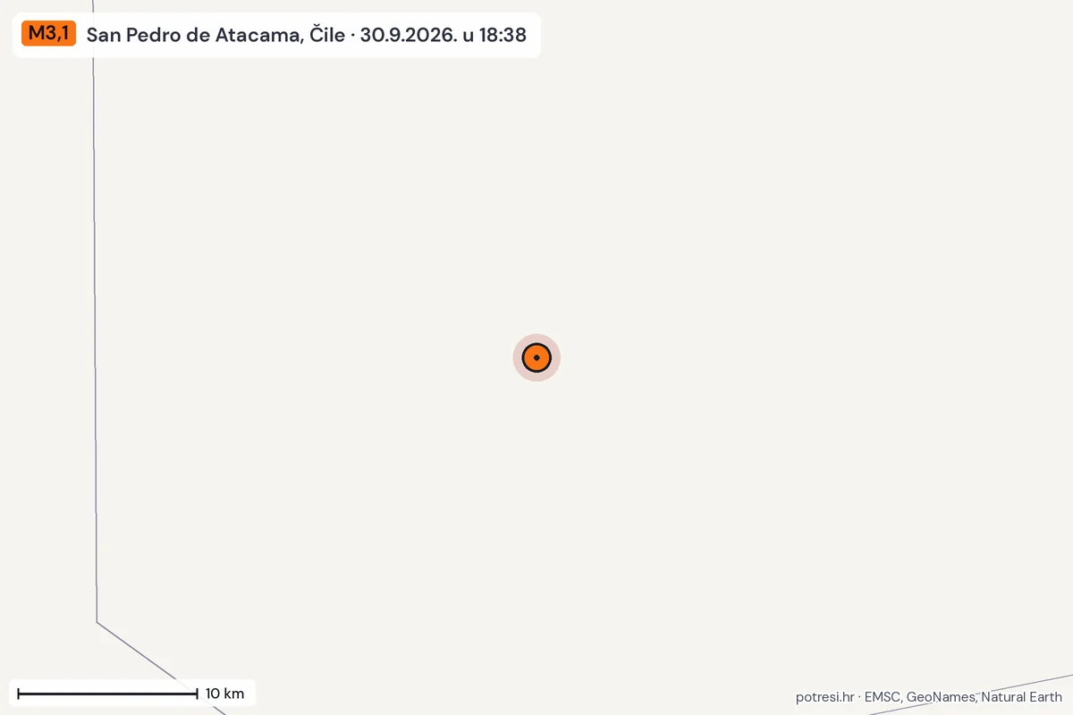 Karta: okolica epicentra, 60 km, potres M3,1, San Pedro de Atacama, Čile, 30.9.2026.