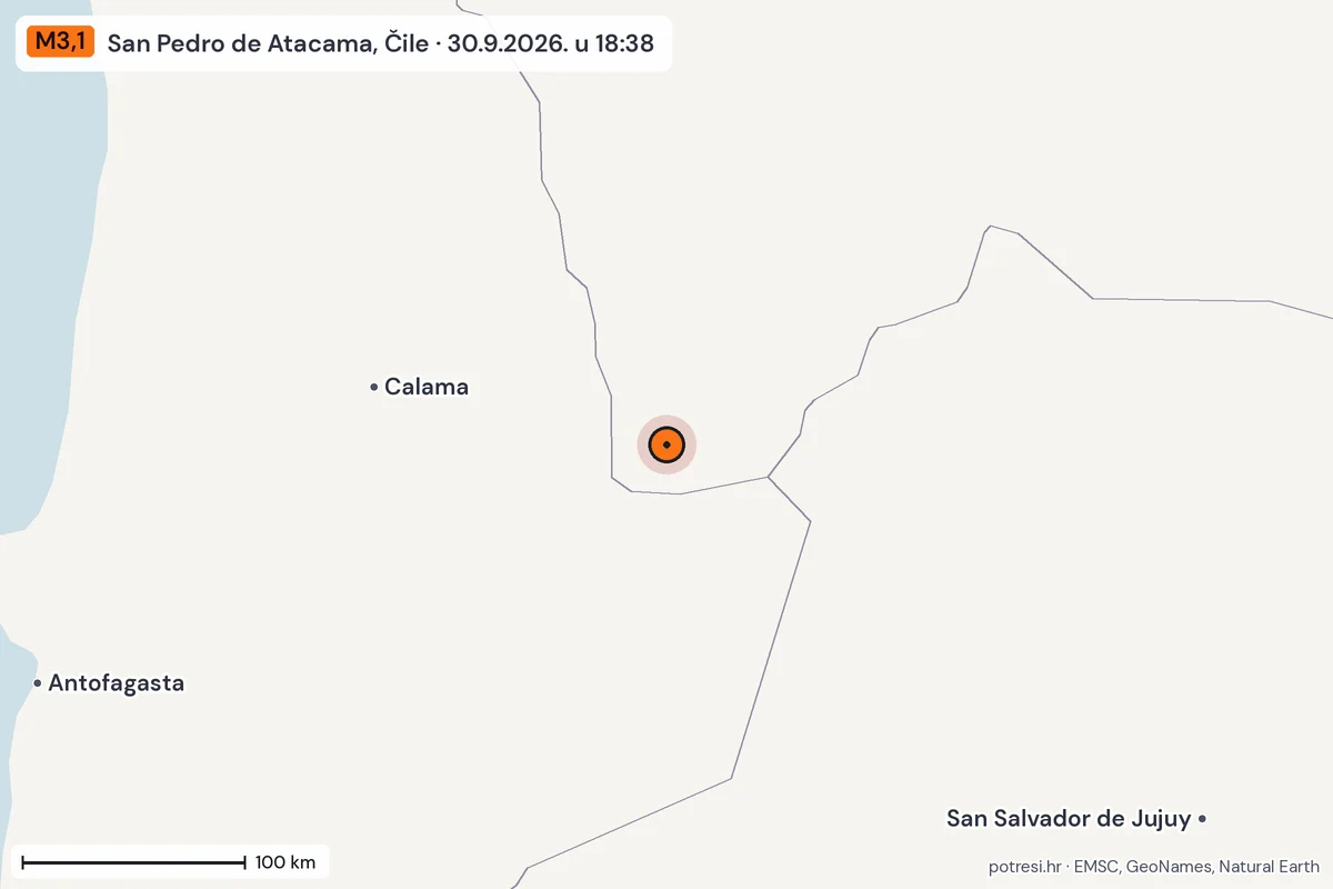 Karta: šire područje, 600 km, potres M3,1, San Pedro de Atacama, Čile, 30.9.2026.