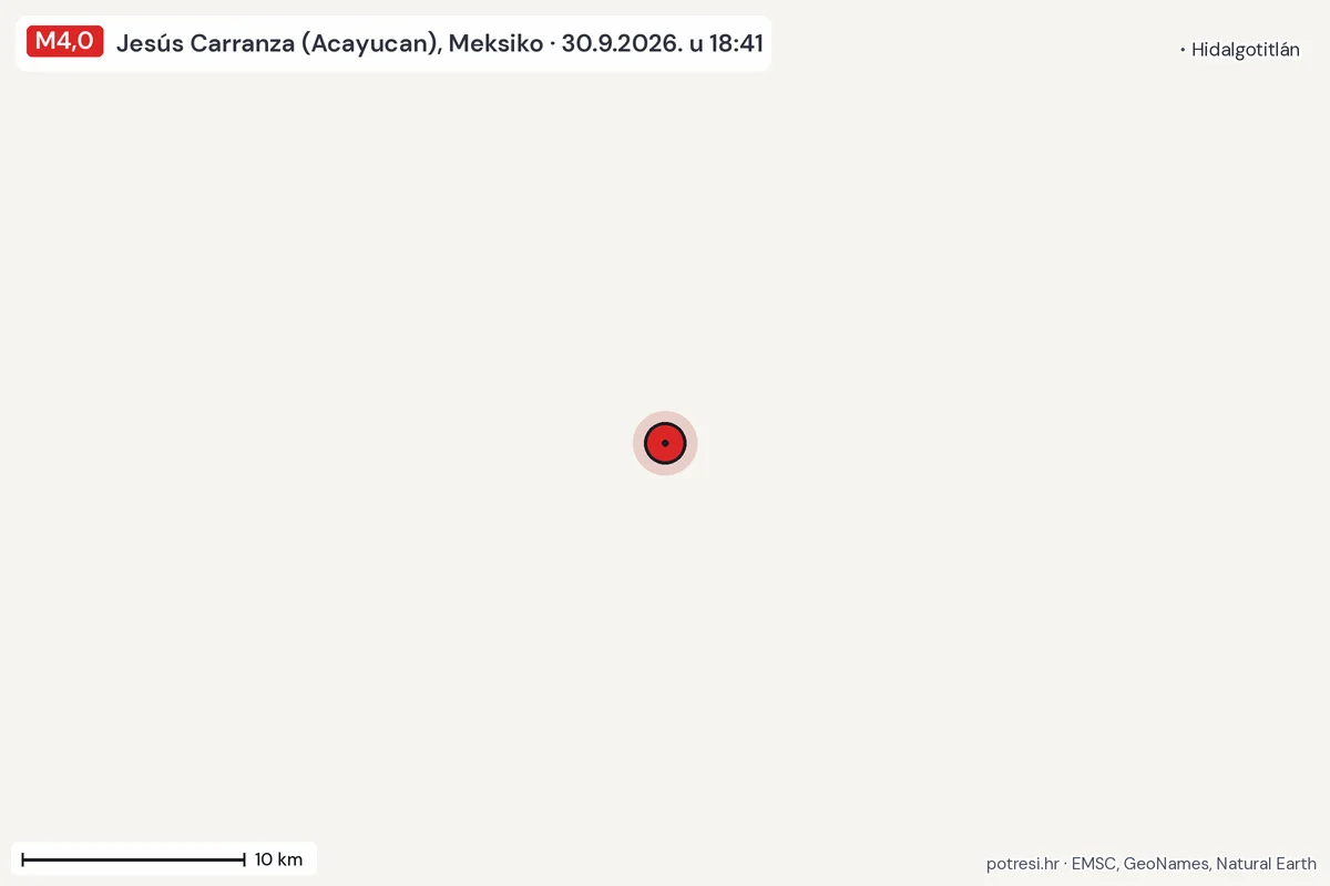 Karta: okolica epicentra, 60 km, potres M4,0, Jesús Carranza (Acayucan), Meksiko, 30.9.2026.