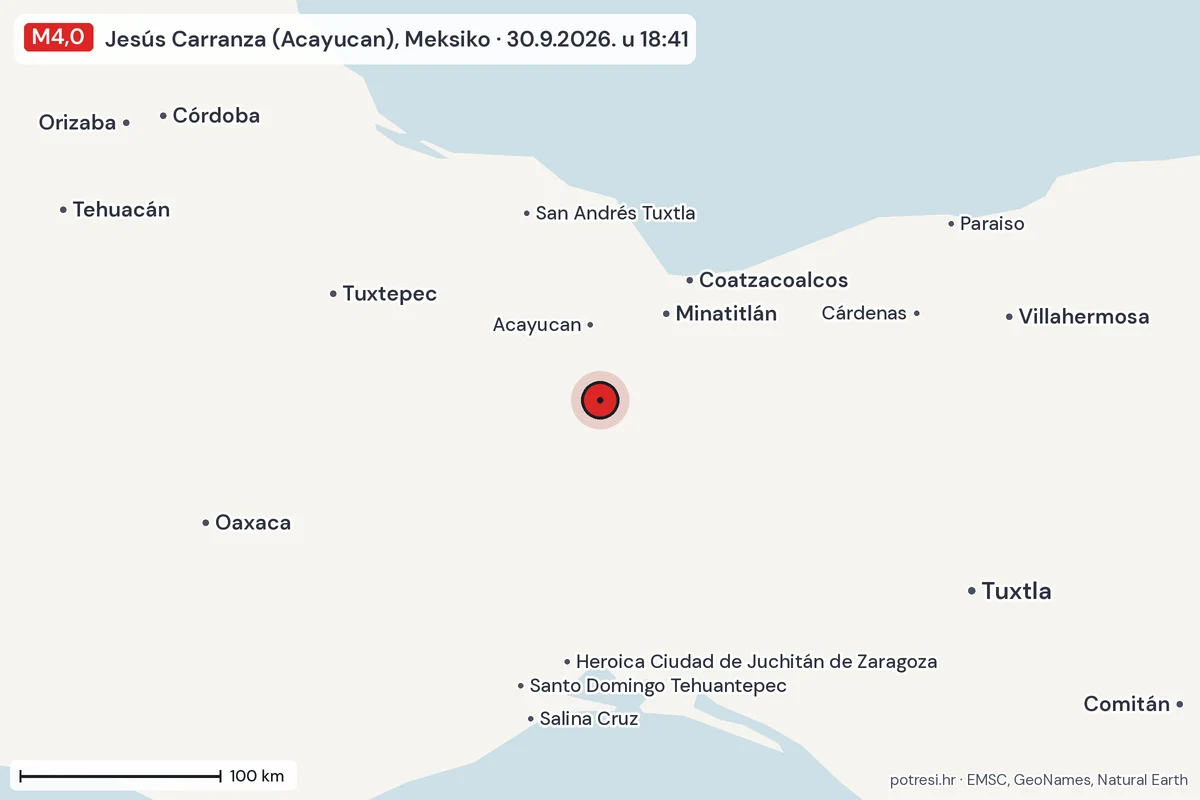 Karta: šire područje, 600 km, potres M4,0, Jesús Carranza (Acayucan), Meksiko, 30.9.2026.