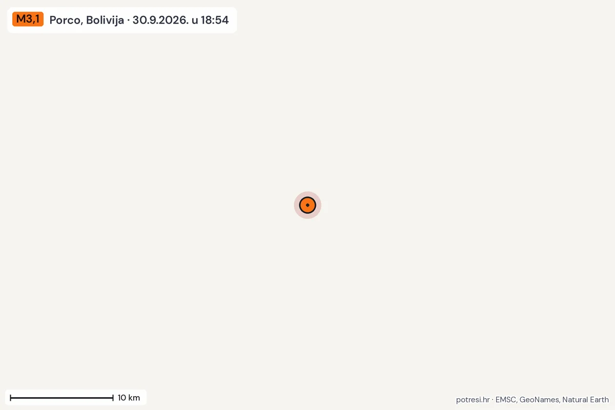 Karta: okolica epicentra, 60 km, potres M3,1, Porco, Bolivija, 30.9.2026.