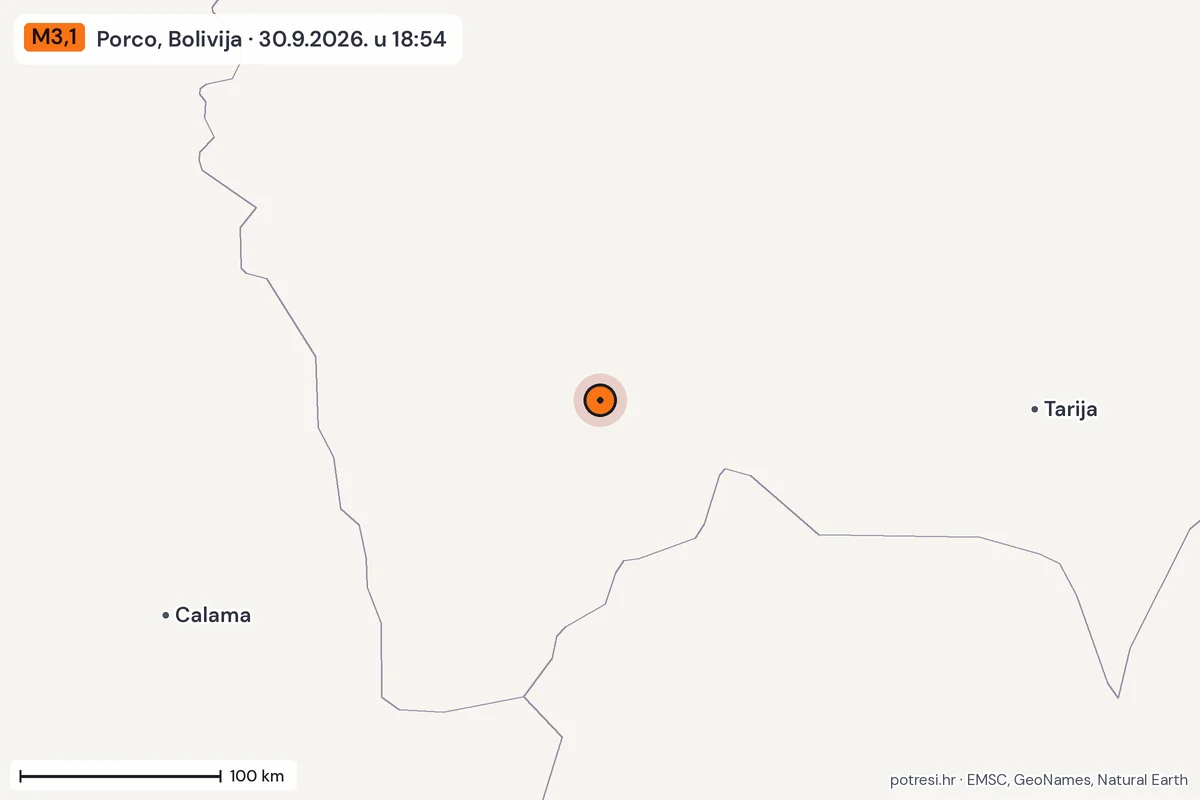 Karta: šire područje, 600 km, potres M3,1, Porco, Bolivija, 30.9.2026.