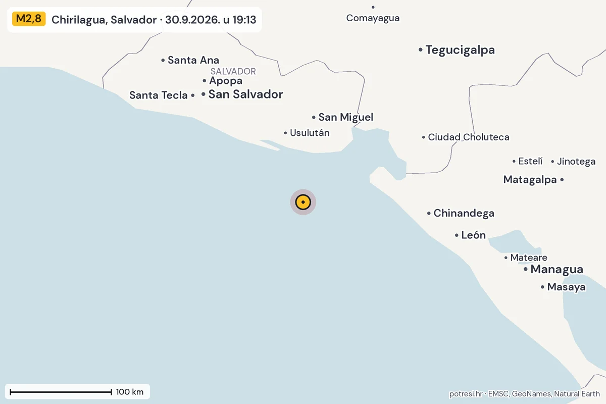 Karta: šire područje, 600 km, potres M2,8, Chirilagua, Salvador, 30.9.2026.