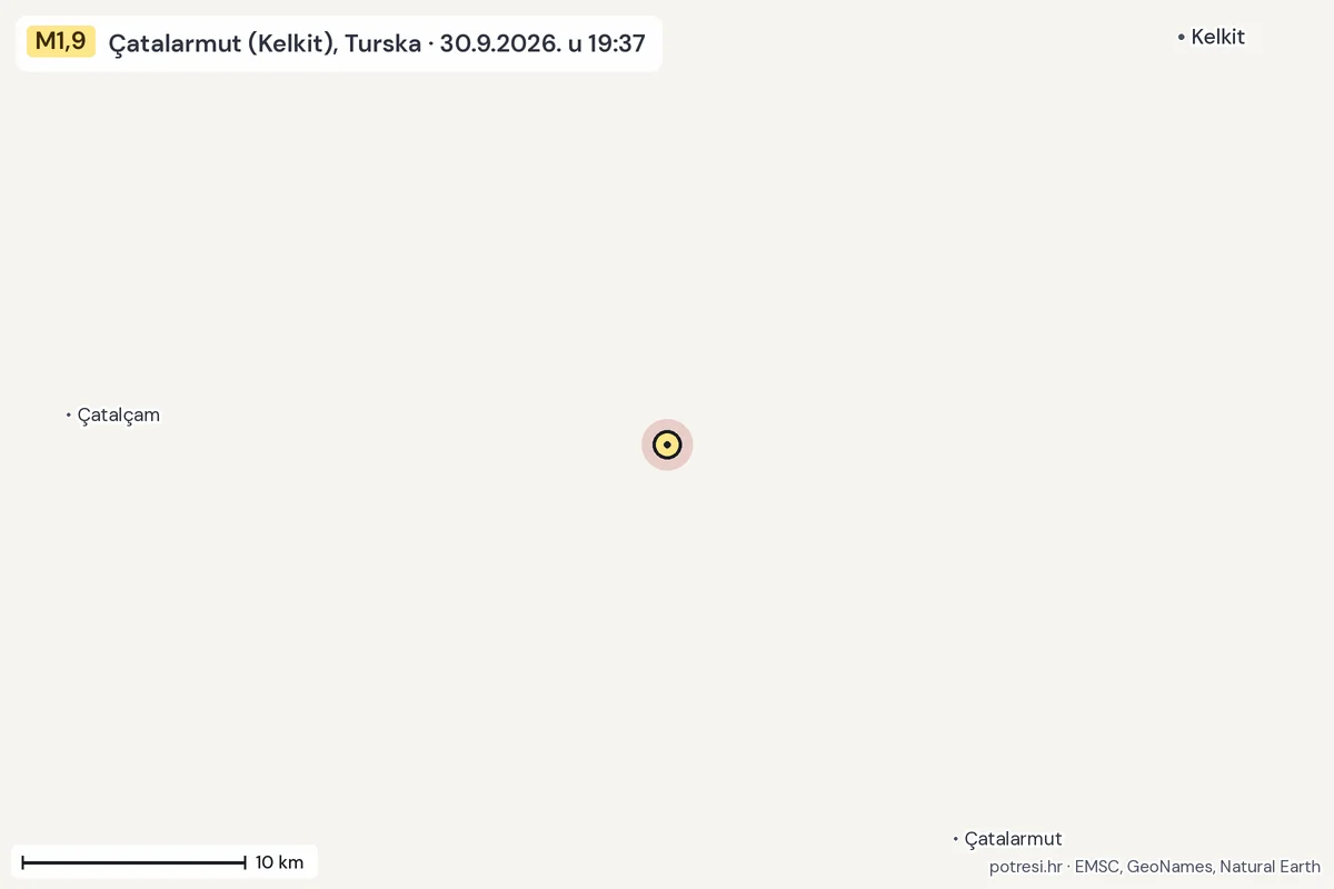 Karta: okolica epicentra, 60 km, potres M1,9, Çatalarmut (Kelkit), Turska, 30.9.2026.