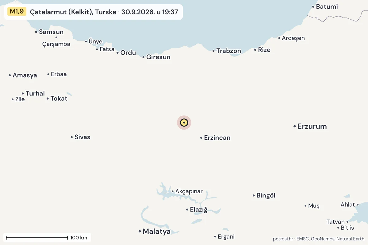 Karta: šire područje, 600 km, potres M1,9, Çatalarmut (Kelkit), Turska, 30.9.2026.