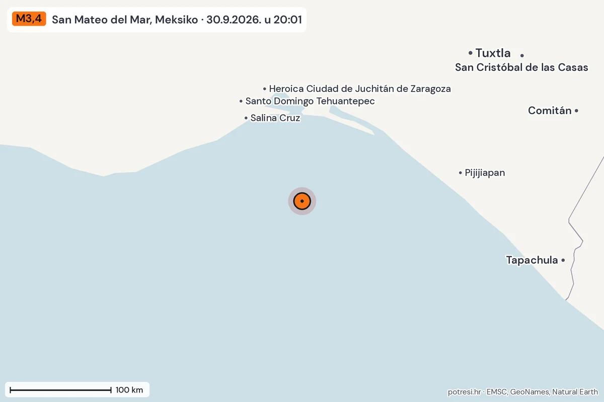 Karta: šire područje, 600 km, potres M3,4, San Mateo del Mar, Meksiko, 30.9.2026.