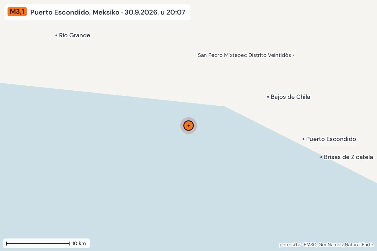 Karta: okolica epicentra, 60 km, potres M3,1, Puerto Escondido, Meksiko, 30.9.2026.