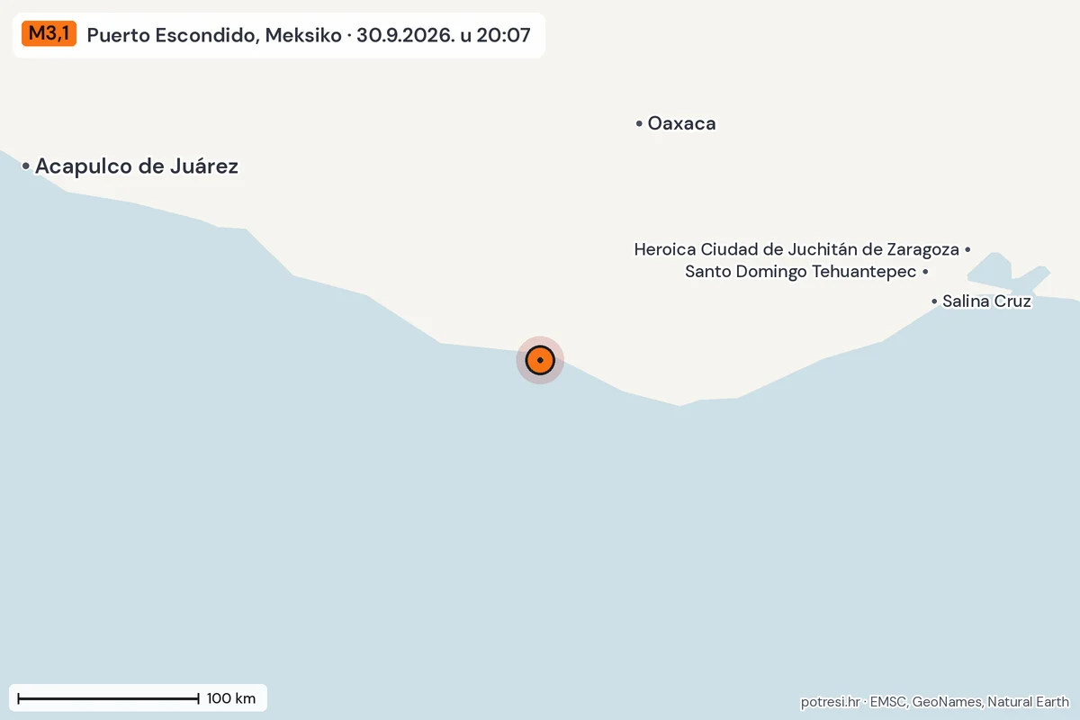 Karta: šire područje, 600 km, potres M3,1, Puerto Escondido, Meksiko, 30.9.2026.