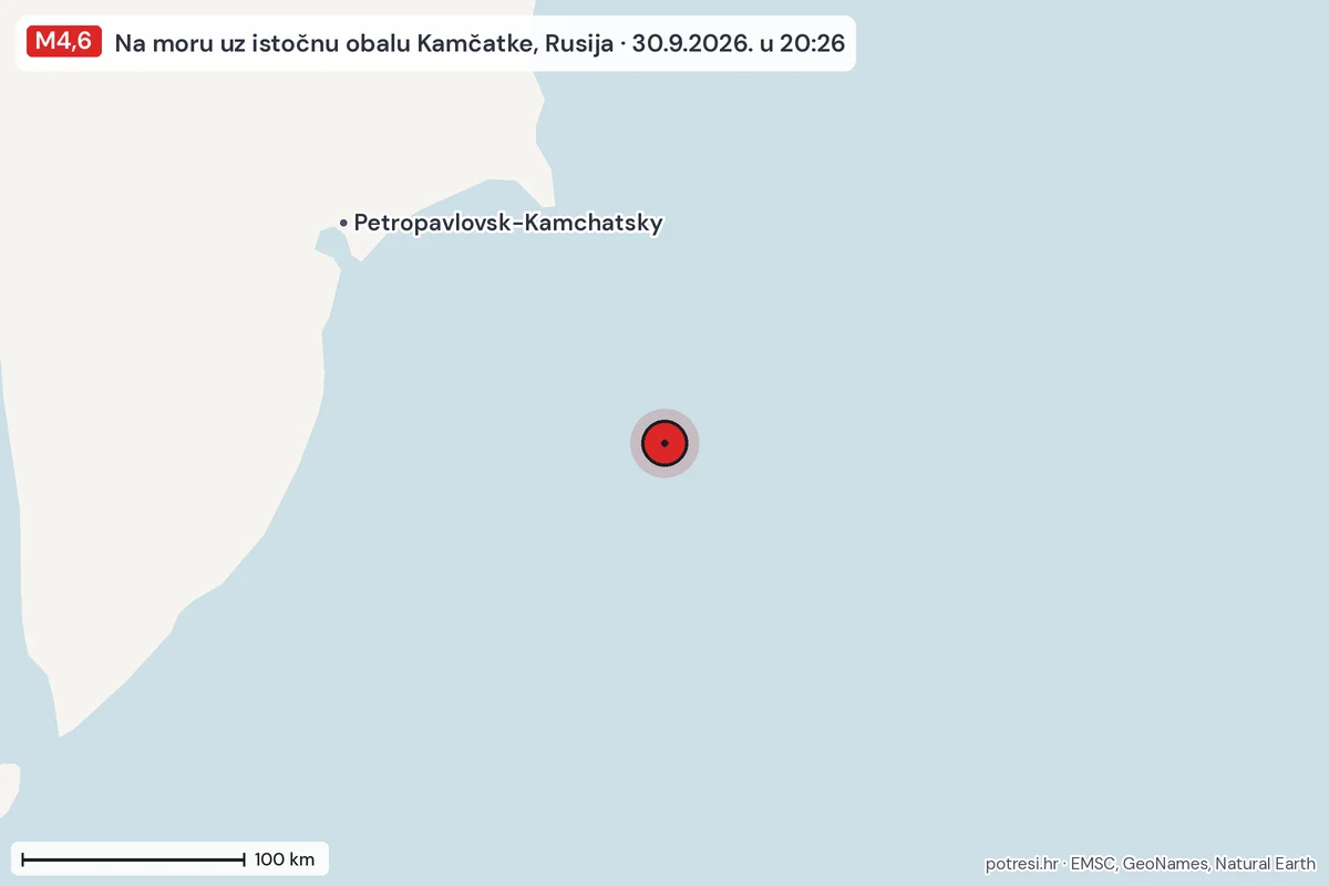 Karta: šire područje, 600 km, potres M4,6, Na moru uz istočnu obalu Kamčatke, Rusija, 30.9.2026.