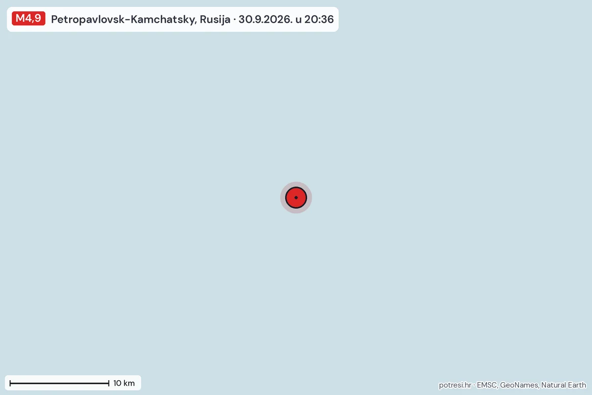 Karta: okolica epicentra, 60 km, potres M4,9, Petropavlovsk-Kamchatsky, Rusija, 30.9.2026.