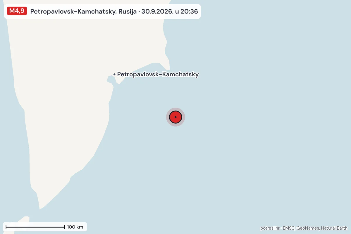 Karta: šire područje, 600 km, potres M4,9, Petropavlovsk-Kamchatsky, Rusija, 30.9.2026.