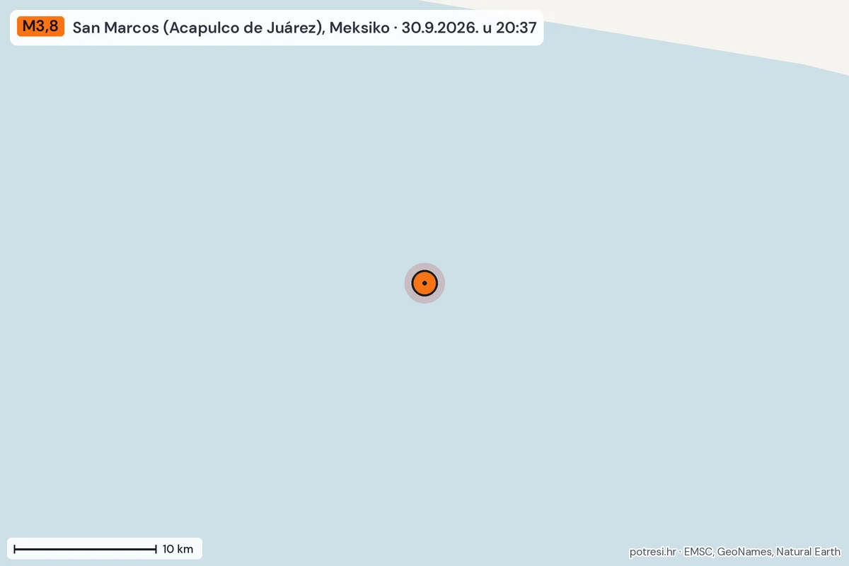 Karta: okolica epicentra, 60 km, potres M3,8, San Marcos (Acapulco de Juárez), Meksiko, 30.9.2026.