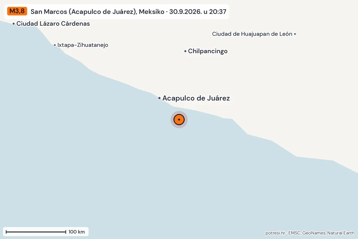 Karta: šire područje, 600 km, potres M3,8, San Marcos (Acapulco de Juárez), Meksiko, 30.9.2026.