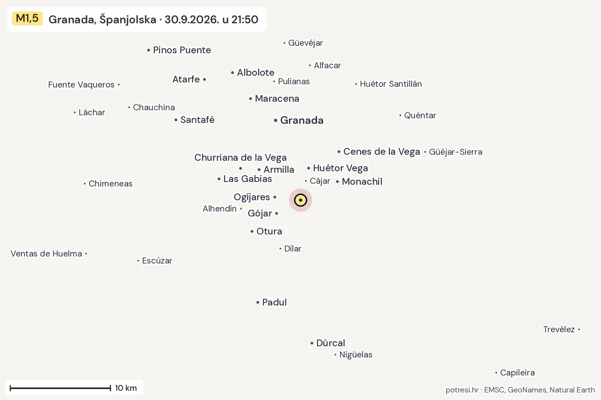 Karta: okolica epicentra, 60 km, potres M1,5, Granada, Španjolska, 30.9.2026.