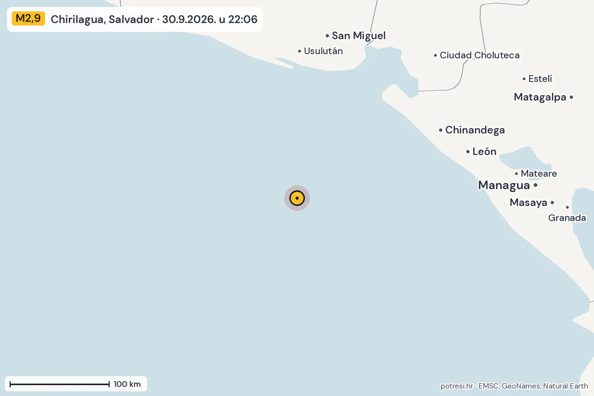 Karta: šire područje, 600 km, potres M2,9, Chirilagua, Salvador, 30.9.2026.