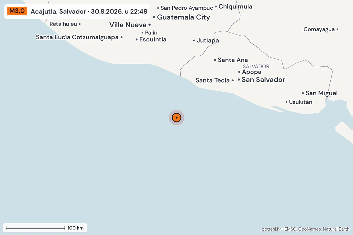 Karta: šire područje, 600 km, potres M3,0, Acajutla, Salvador, 30.9.2026.