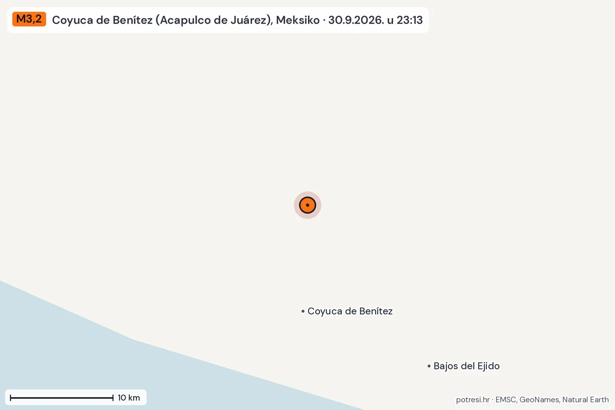 Karta: okolica epicentra, 60 km, potres M3,2, Coyuca de Benítez (Acapulco de Juárez), Meksiko, 30.9.2026.