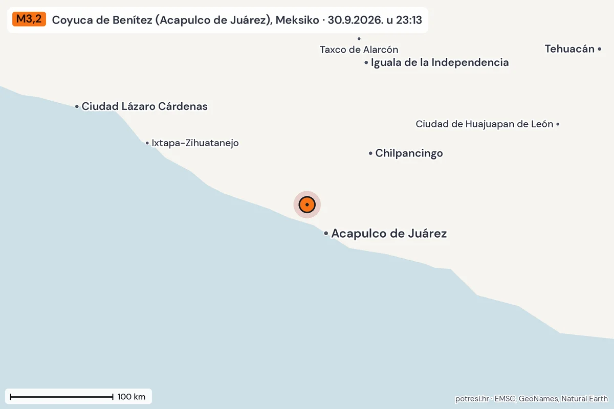 Karta: šire područje, 600 km, potres M3,2, Coyuca de Benítez (Acapulco de Juárez), Meksiko, 30.9.2026.