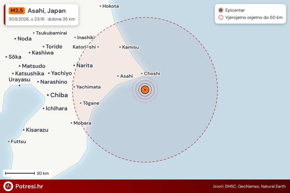 Karta: šire područje i vjerojatni doseg osjeta, potres M3,5, Asahi, Japan, 30.9.2026.