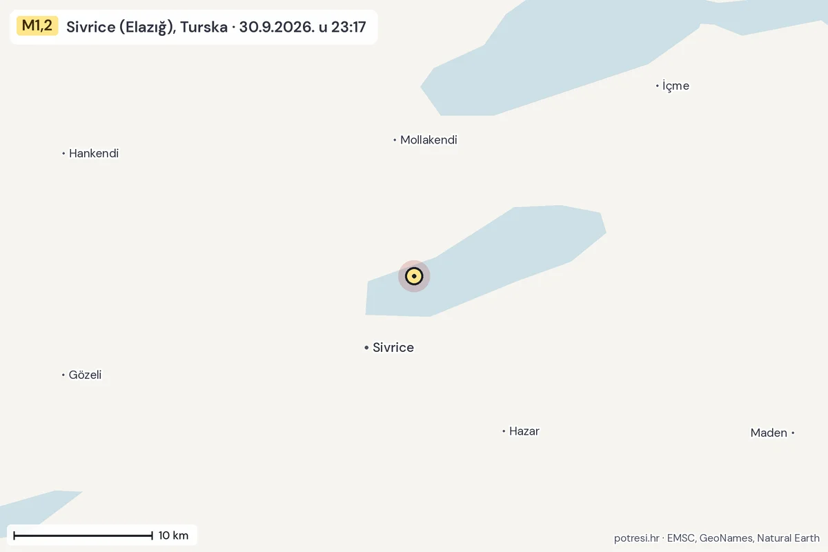 Karta: okolica epicentra, 60 km, potres M1,2, Sivrice (Elazığ), Turska, 30.9.2026.