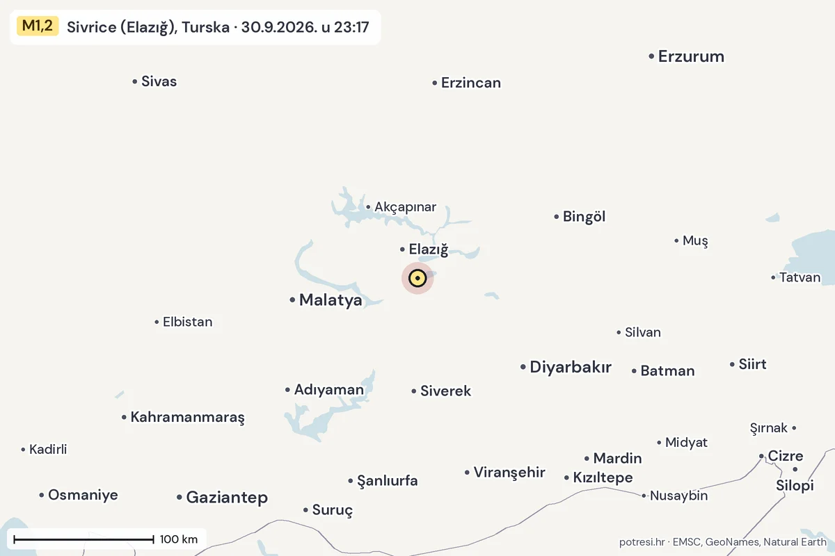 Karta: šire područje, 600 km, potres M1,2, Sivrice (Elazığ), Turska, 30.9.2026.