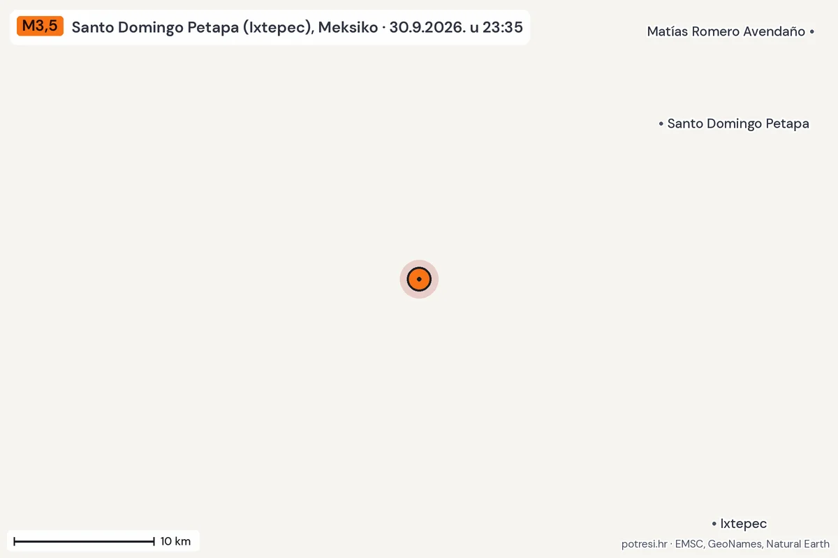 Karta: okolica epicentra, 60 km, potres M3,5, Santo Domingo Petapa (Ixtepec), Meksiko, 30.9.2026.