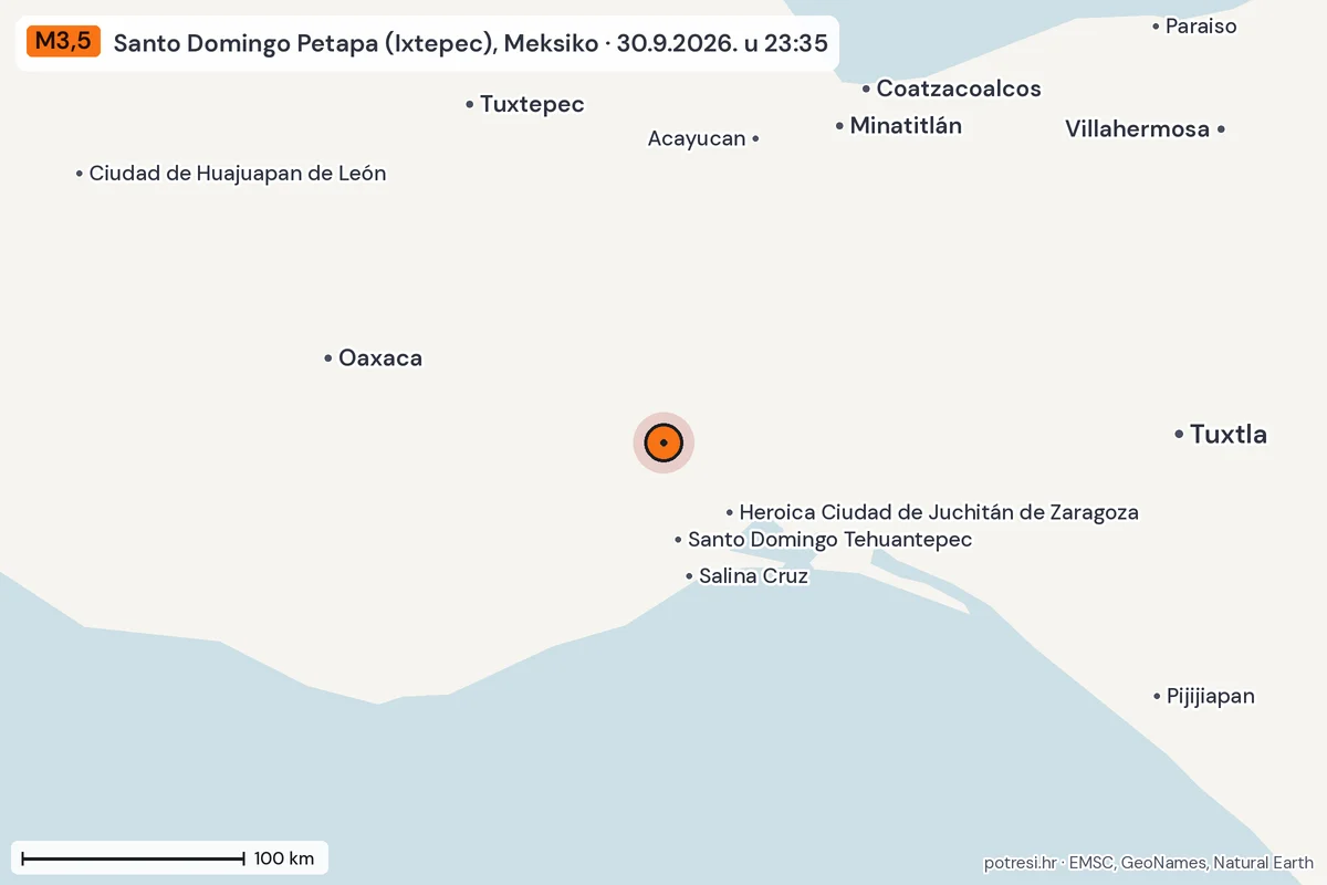 Karta: šire područje, 600 km, potres M3,5, Santo Domingo Petapa (Ixtepec), Meksiko, 30.9.2026.