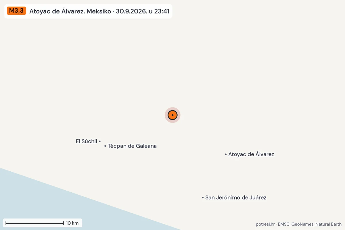 Karta: okolica epicentra, 60 km, potres M3,3, Atoyac de Álvarez, Meksiko, 30.9.2026.