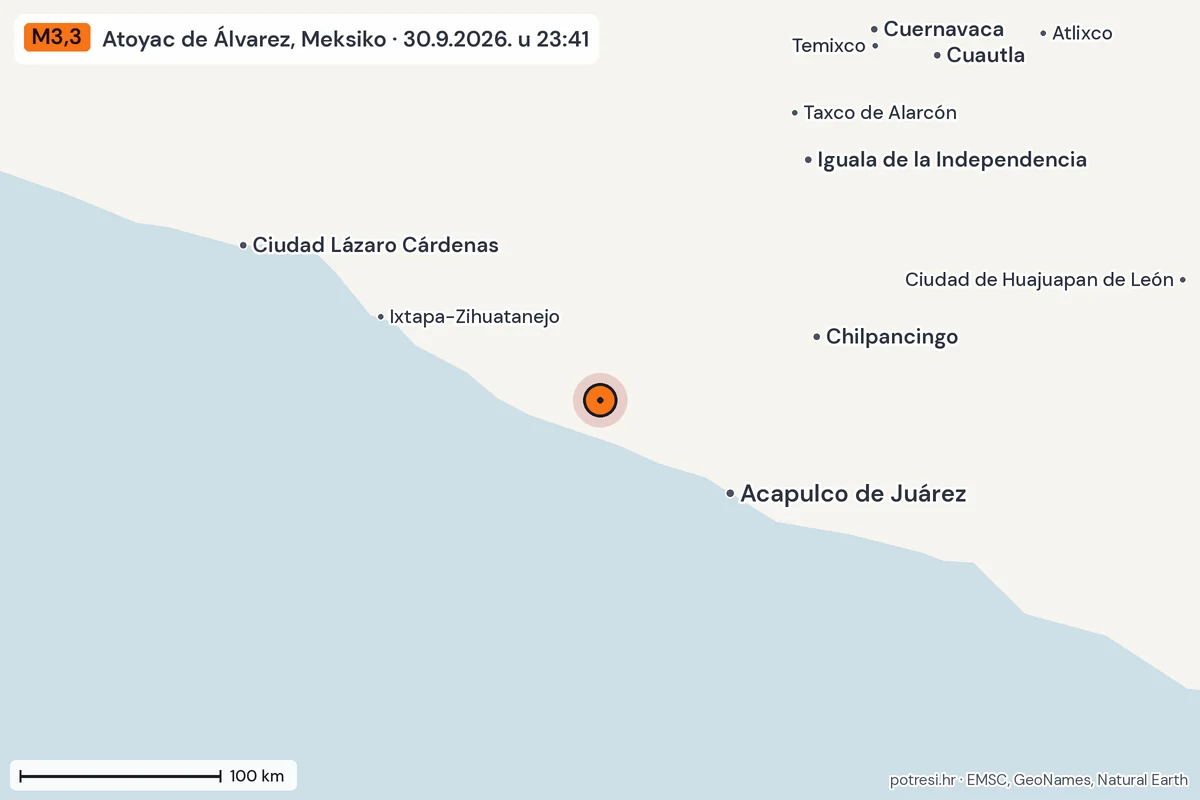 Karta: šire područje, 600 km, potres M3,3, Atoyac de Álvarez, Meksiko, 30.9.2026.
