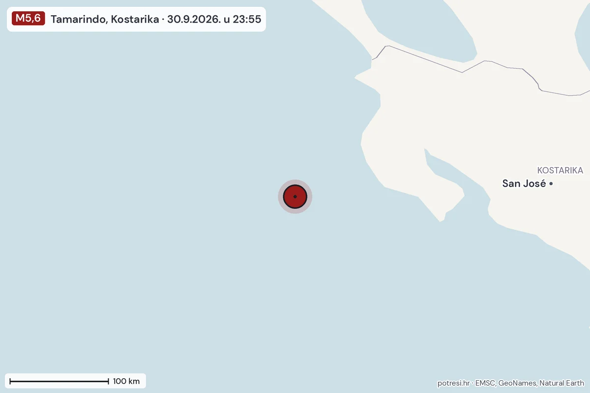 Karta: šire područje, 600 km, potres M5,6, Tamarindo, Kostarika, 30.9.2026.