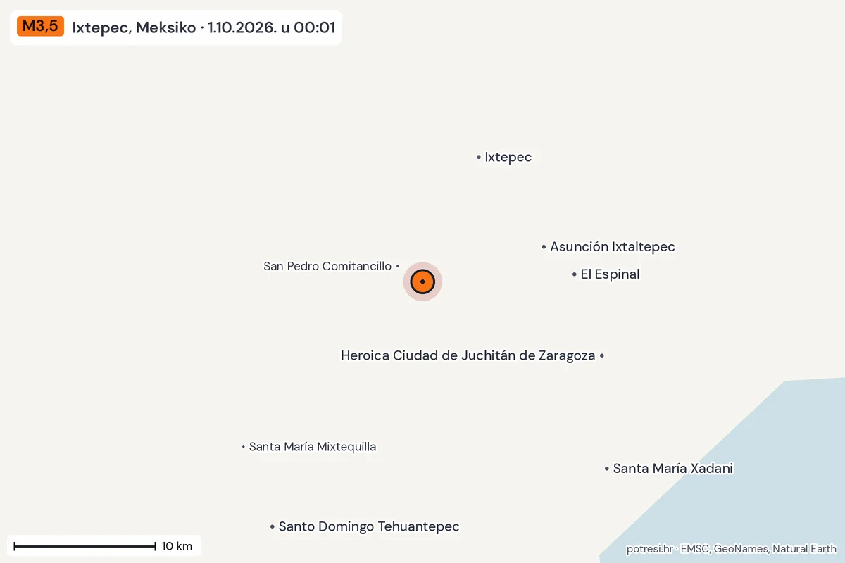Karta: okolica epicentra, 60 km, potres M3,5, Ixtepec, Meksiko, 1.10.2026.