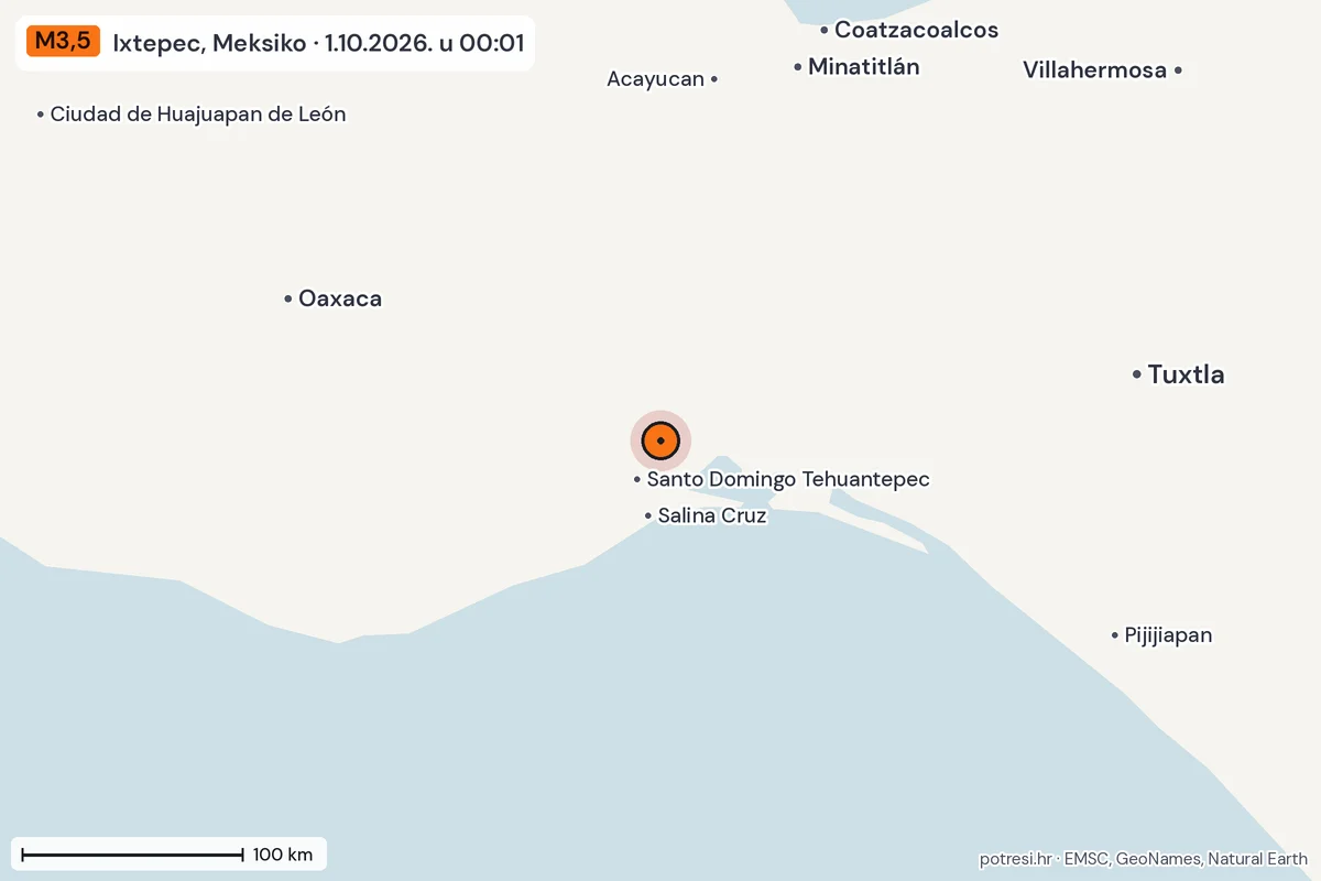 Karta: šire područje, 600 km, potres M3,5, Ixtepec, Meksiko, 1.10.2026.