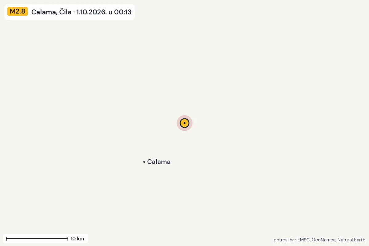 Karta: okolica epicentra, 60 km, potres M2,8, Calama, Čile, 1.10.2026.
