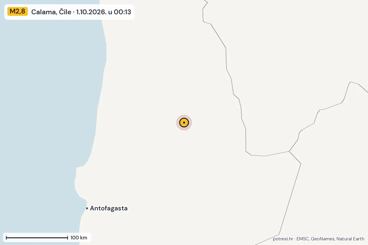 Karta: šire područje, 600 km, potres M2,8, Calama, Čile, 1.10.2026.