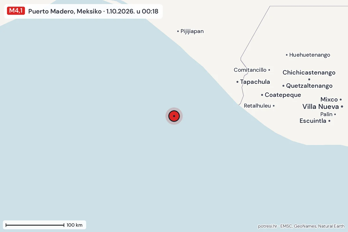 Karta: šire područje, 600 km, potres M4,1, Puerto Madero, Meksiko, 1.10.2026.