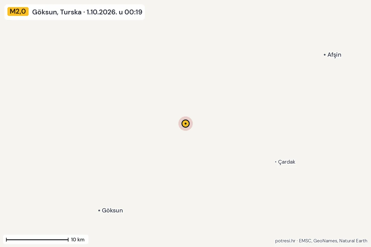 Karta: okolica epicentra, 60 km, potres M2,0, Göksun, Turska, 1.10.2026.