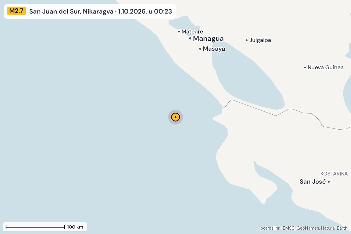 Karta: šire područje, 600 km, potres M2,7, San Juan del Sur, Nikaragva, 1.10.2026.