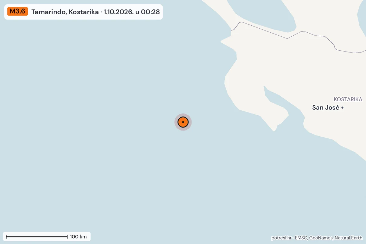 Karta: šire područje, 600 km, potres M3,6, Tamarindo, Kostarika, 1.10.2026.