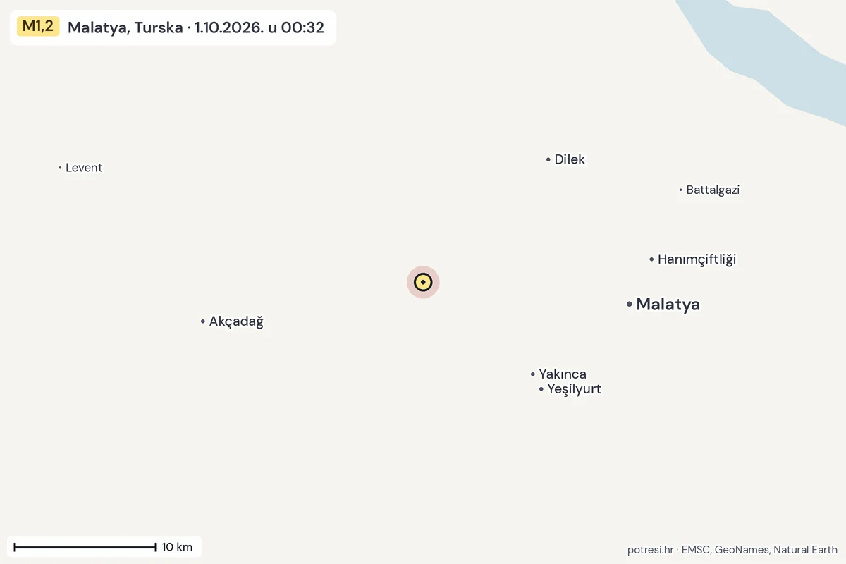Karta: okolica epicentra, 60 km, potres M1,2, Malatya, Turska, 1.10.2026.