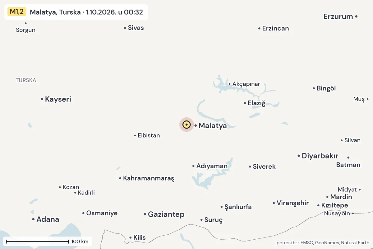 Karta: šire područje, 600 km, potres M1,2, Malatya, Turska, 1.10.2026.