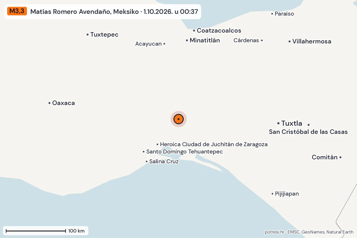 Karta: šire područje, 600 km, potres M3,3, Matías Romero Avendaño, Meksiko, 1.10.2026.